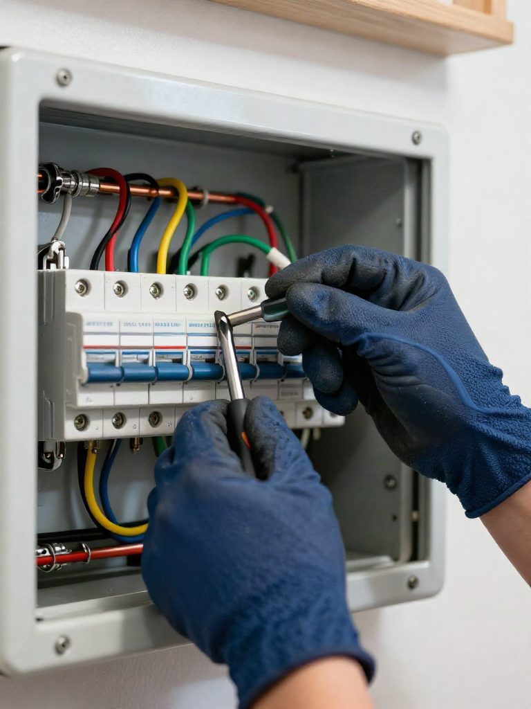 Händer i blå handskar kopplar en elcentral med märkta skydd (illustrativt stockfoto)